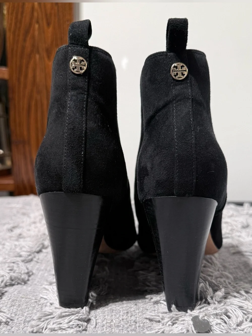 Tory Burch Gemma Black Suede Peep Toe Bootie Black